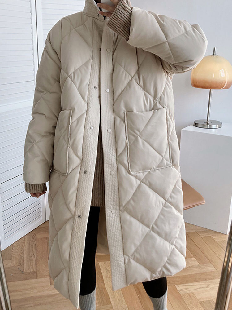 Solid Color High Neck Button Pocket Thermal Padded Puffer Coat