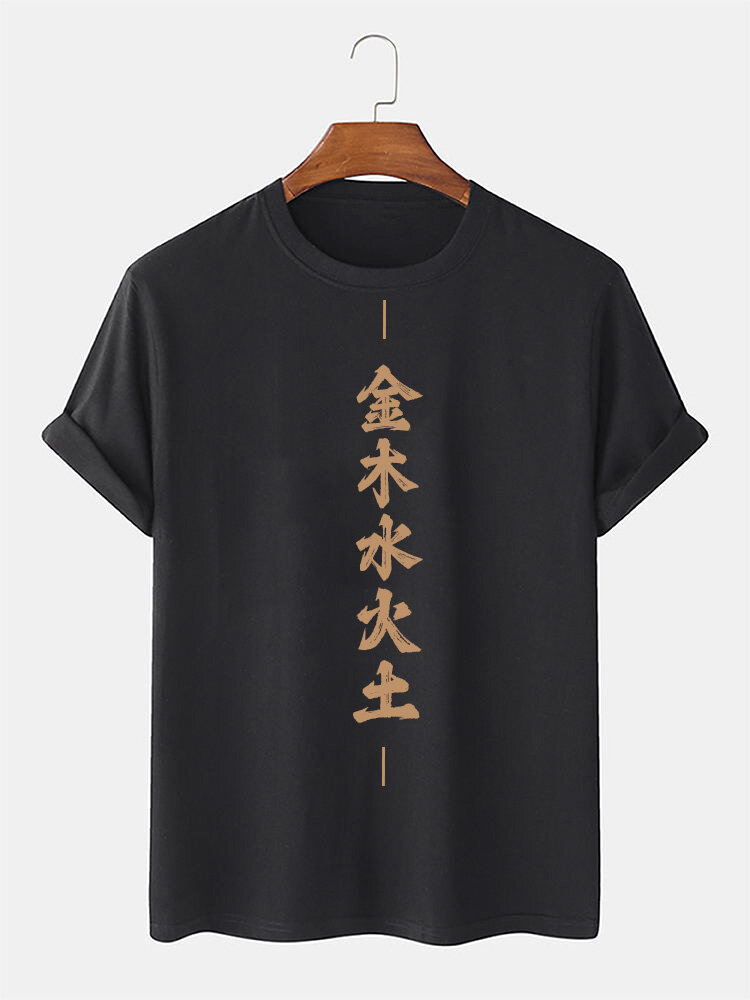 Camisetas masculinas de manga curta com estampa de caracteres chineses e gola redonda
