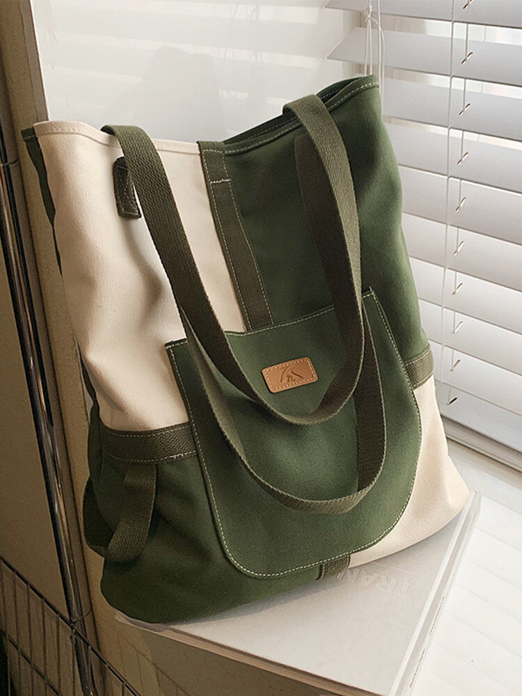 Women's Canvas Casual Fashion Trend Versatile Patchwork Contrast Color Tote Bag