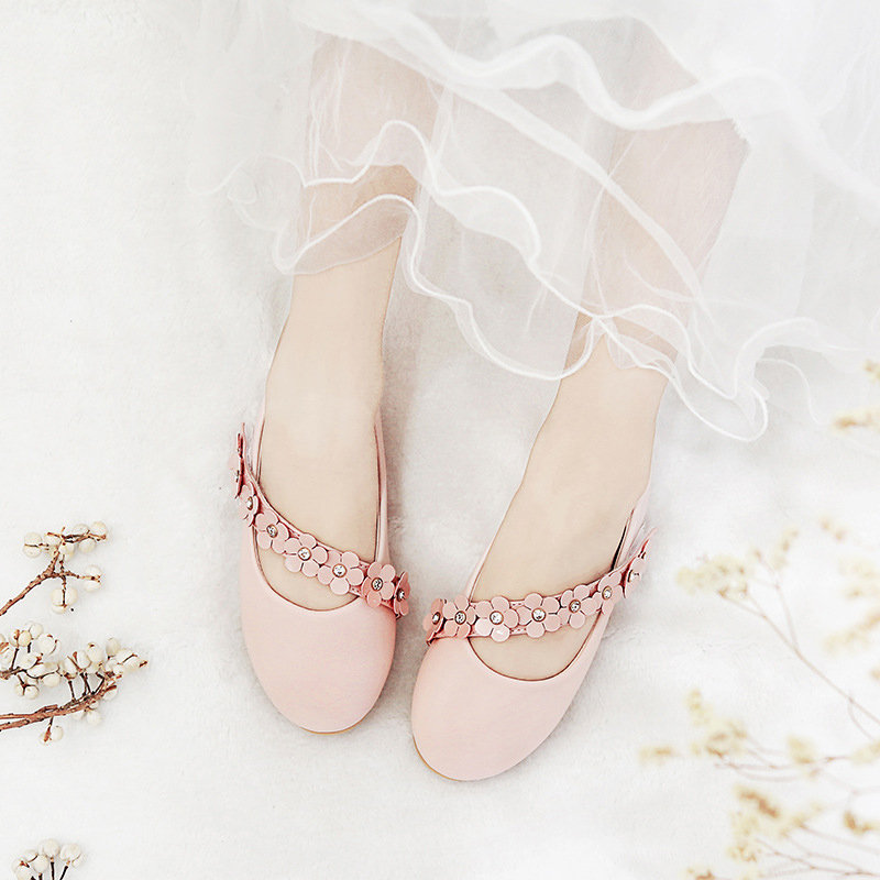 Girls Solid Color Flowers Decor Princess Dress Flat Shoes