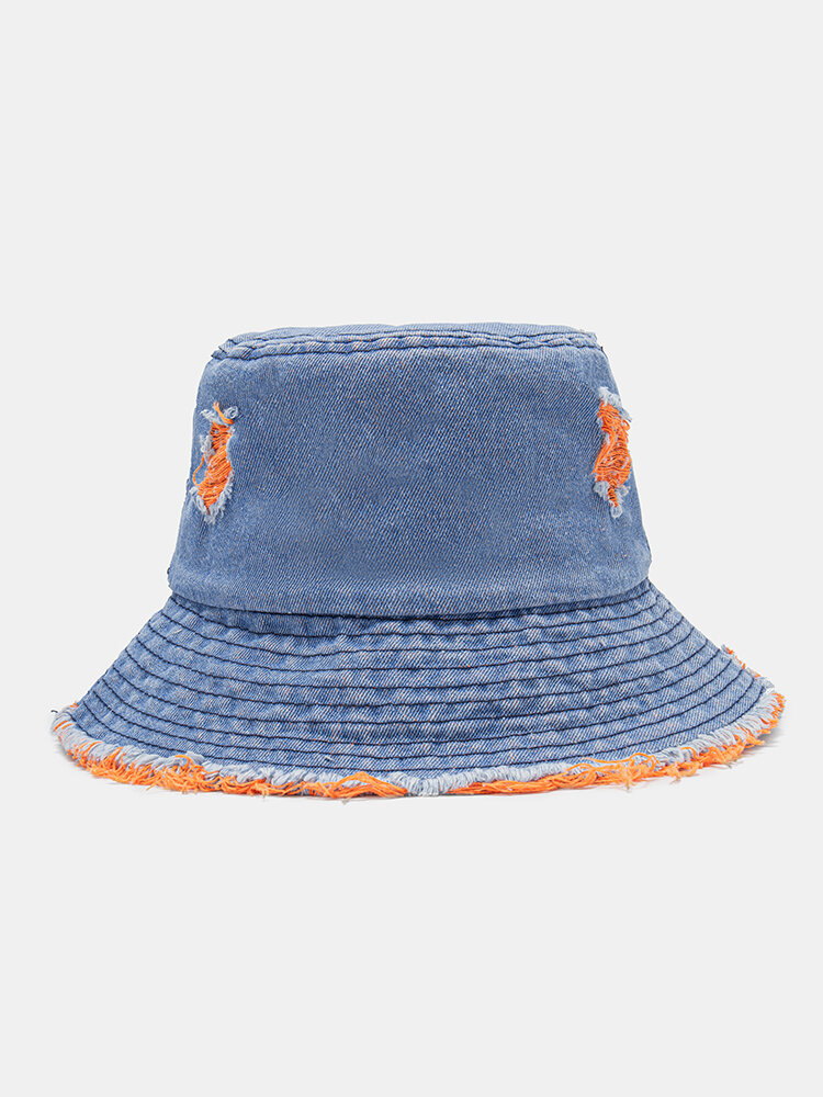 Unisex Washed Denim Solid Colorful Broken Hole Rough Edge All-match Sunscreen Bucket Hat