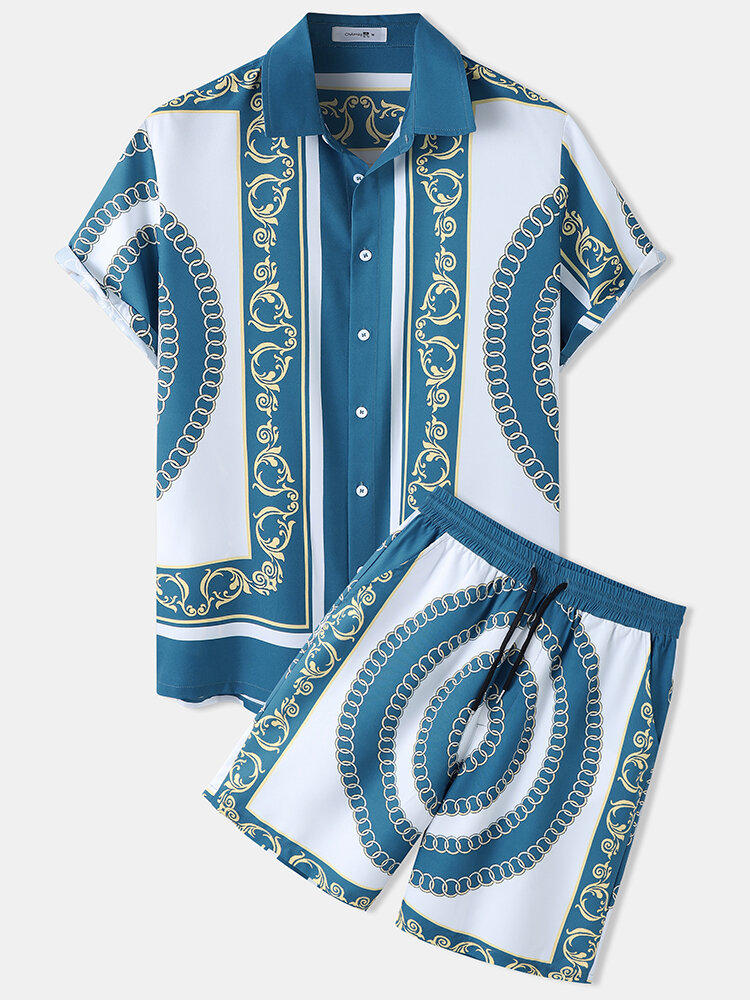 Mens Baroque Print Button Up Street Two Pieces Outfits With Shorts