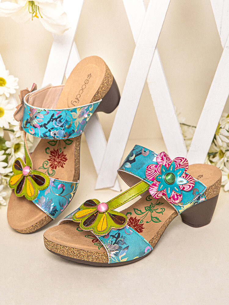 Socofy Genuine Leather Casual Bohemian Ethnic Three-dimensional Flower Comfy Slip-On Heeled Sandals