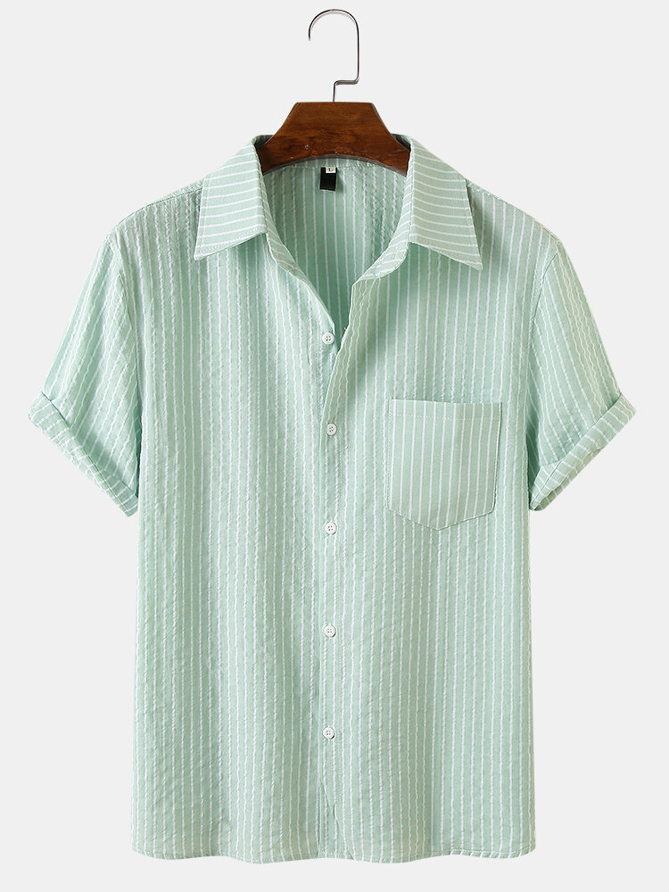 Mens Striped Light Casual Short Sleeve Shirts With Pocket