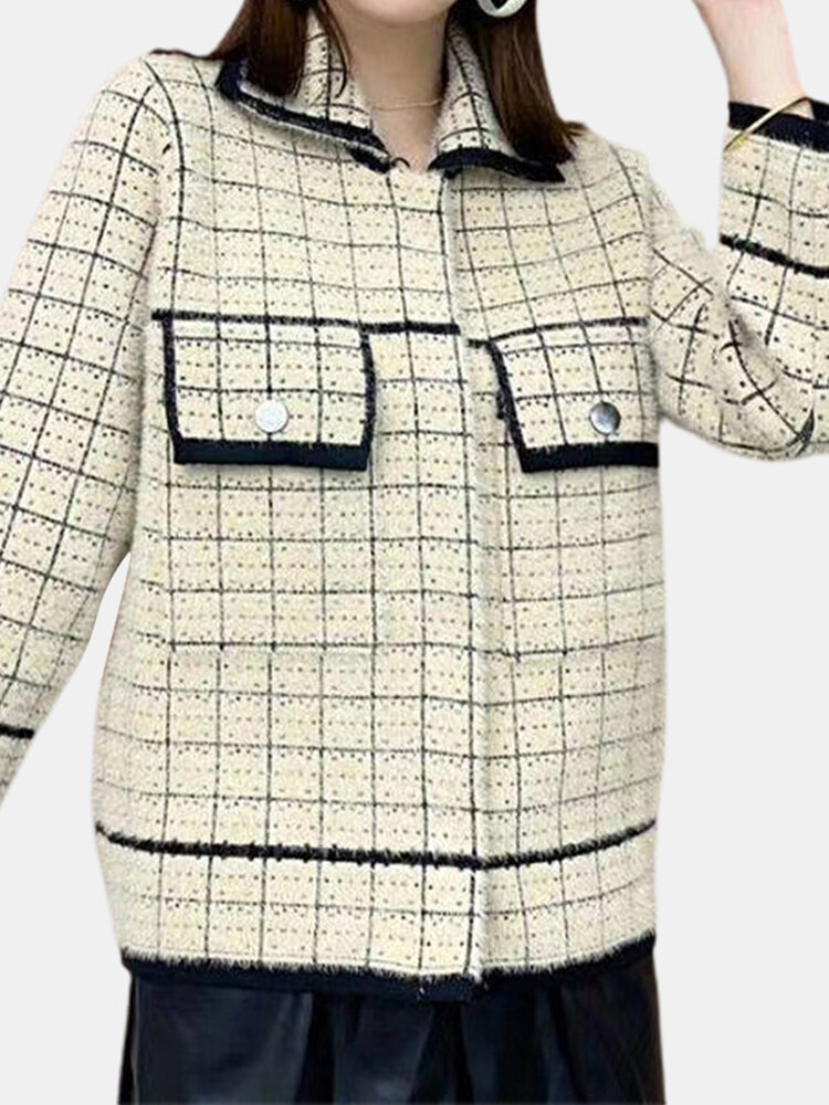 Plaid Long Sleeve Turn-down Collar Pocket Jacket For Women