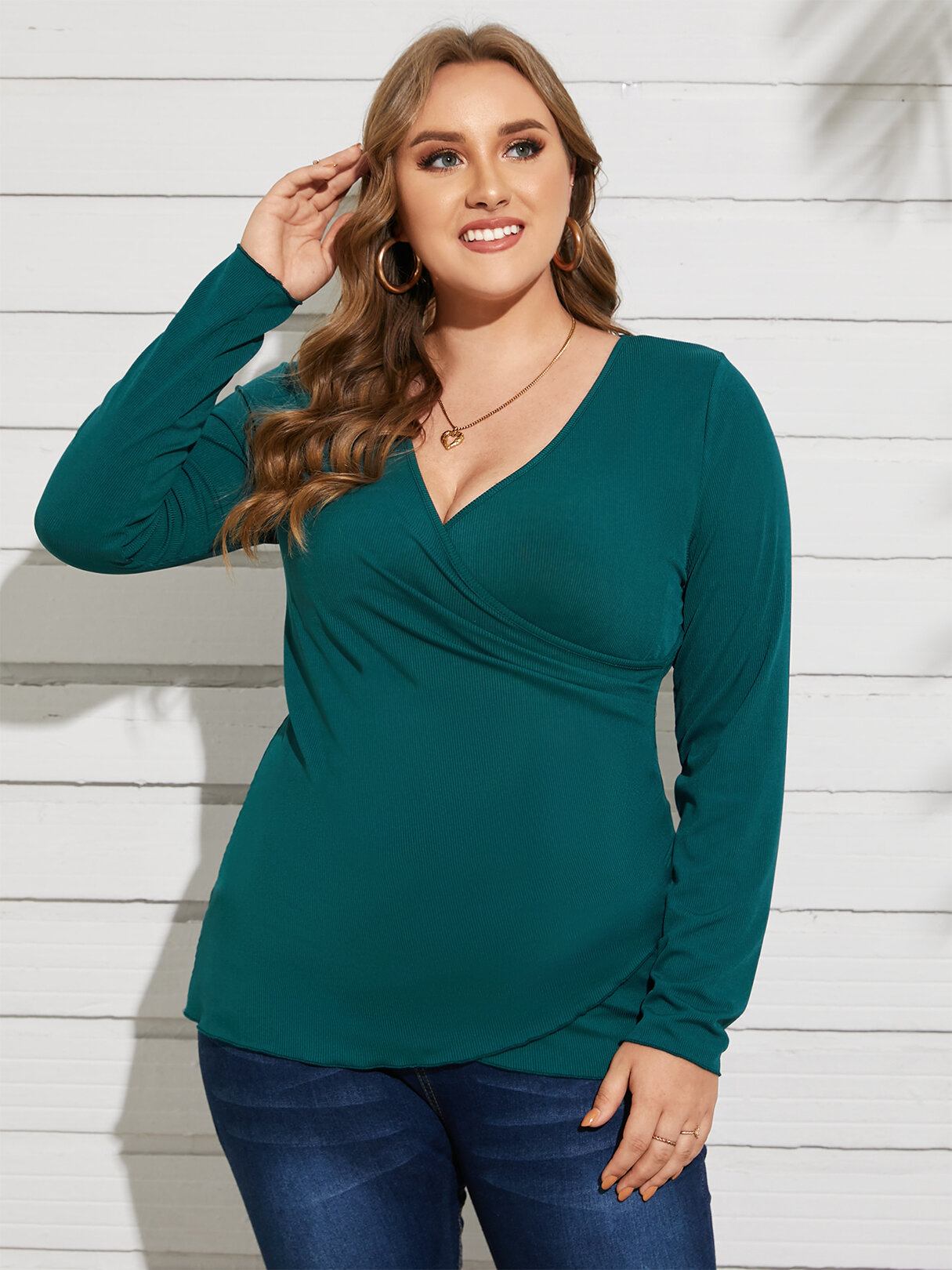 Plus Size V-neck Criss-Cross Ribbed Knit Long Sleeves Tee
