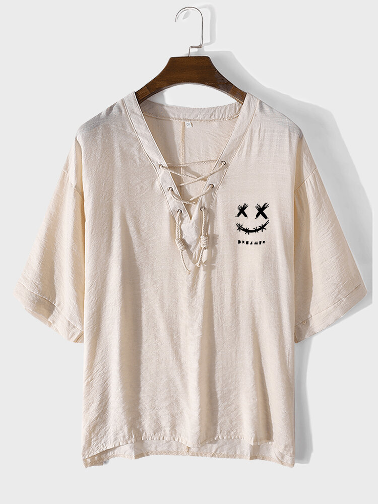 

Mens Smile Face Print Drop Shoulder V-Neck Short Sleeves T-Shirts, Apricot