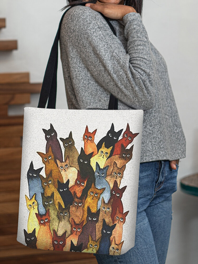 Women Colorful Many Cats Pattern Print Shoulder Bag Handbag Tote