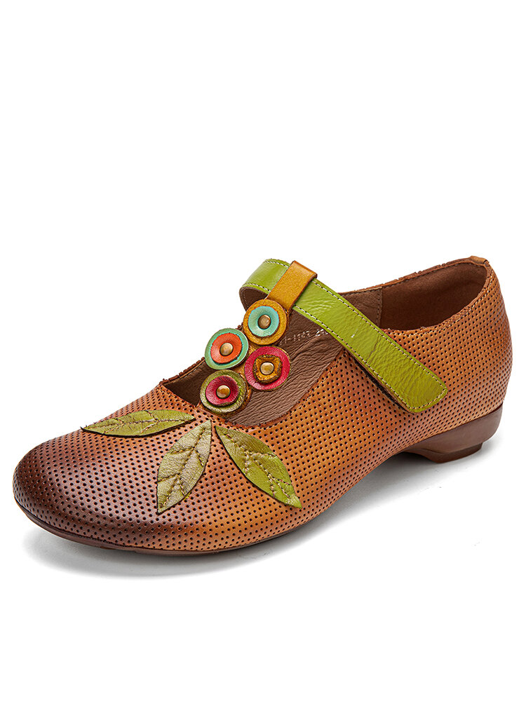 

Socofy Genuine Leather Handmade Retro Ethnic Soft Comfy Hook & Loop Mary Jane Shoes, Green;camel