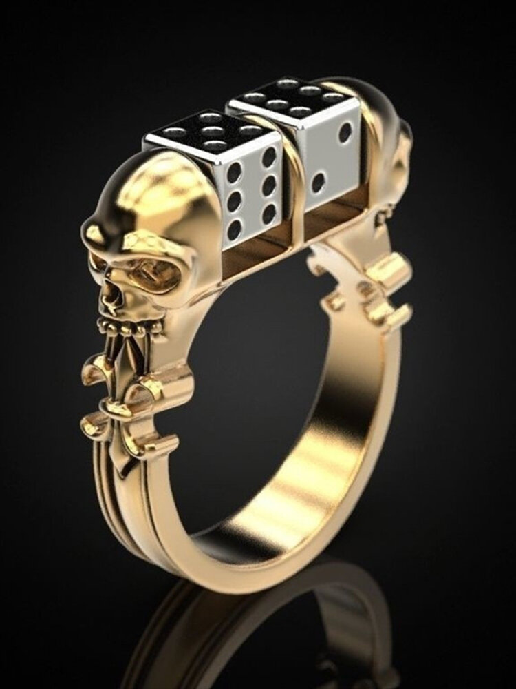 1 Pcs Punk Golden Dice Ghost Head Skull Personality Innovative Fashion Alloy Ring