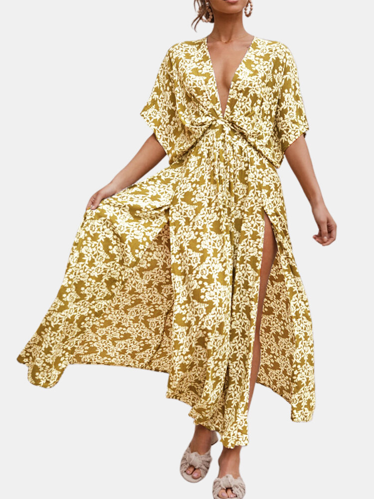Splited Batting Sleeve Print Bohemian Maxi Dress For Women