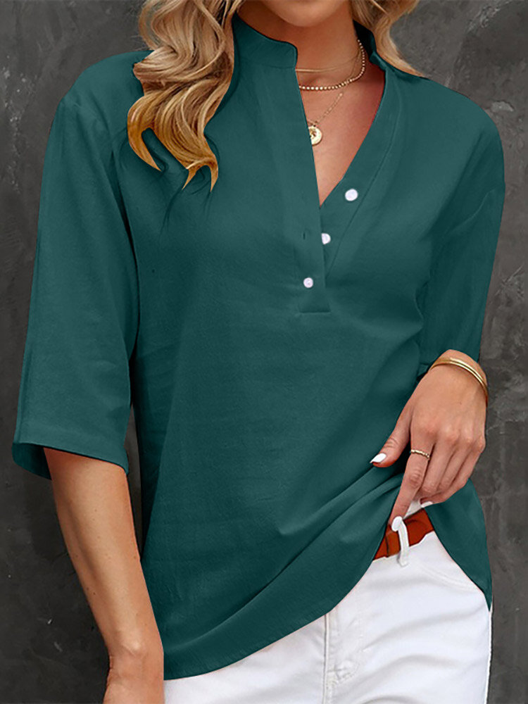 Solid Button Stand Collar Half Sleeve Casual Blouse