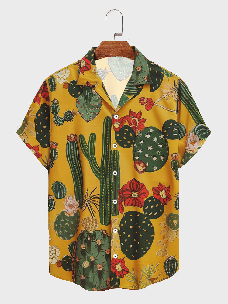 Camisas de manga corta con cuello con solapas y estampado de cactus para hombre