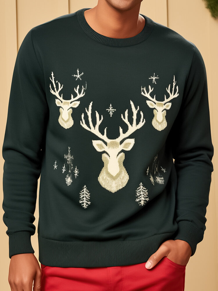 Mens Christmas Elk Snowflake Print Crew Neck Pullover Sweatshirts