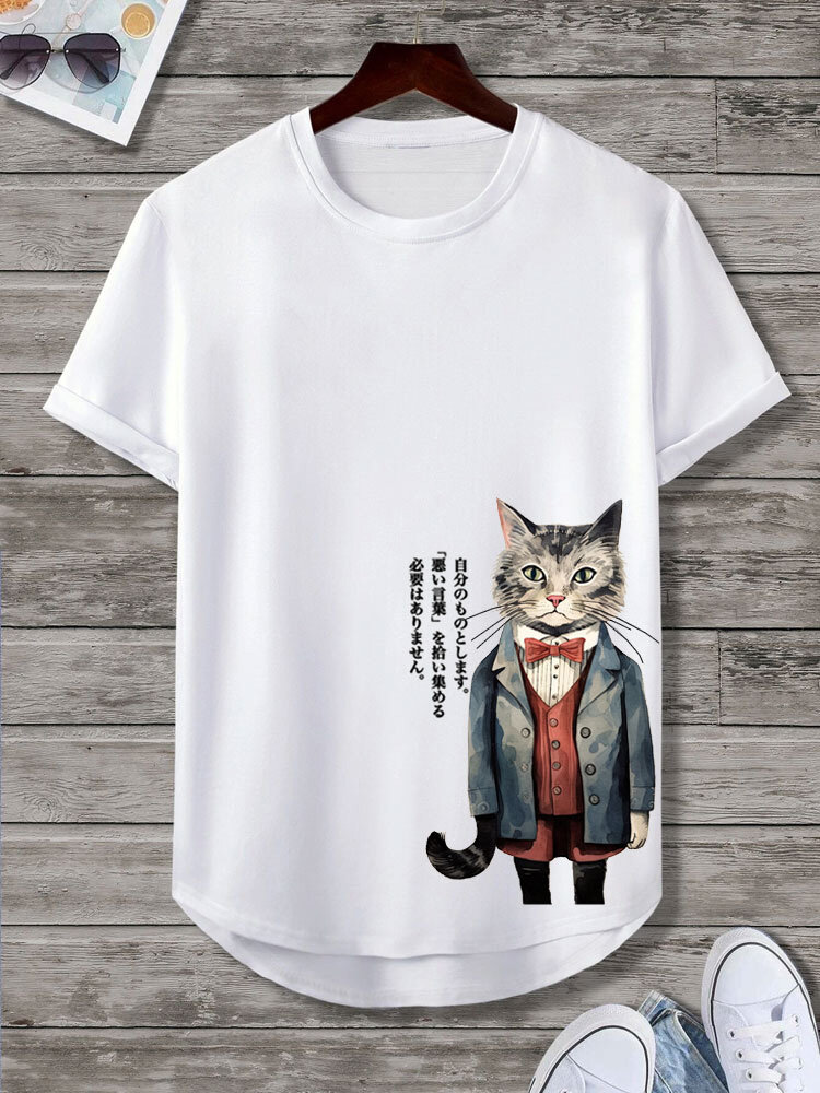 Camiseta masculina de manga curta com estampa japonesa de desenho animado de gato com bainha curvada inverno