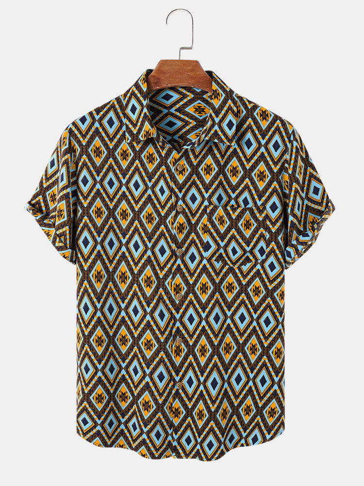 Mens Vintage Argyle Print Chest Pocket Short Sleeve Shirts
