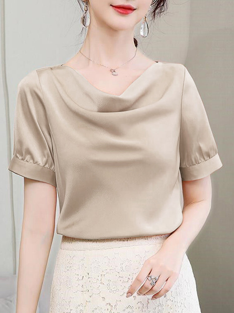 Cowl Neck Satin Solid Short Sleeve Blouse For Women