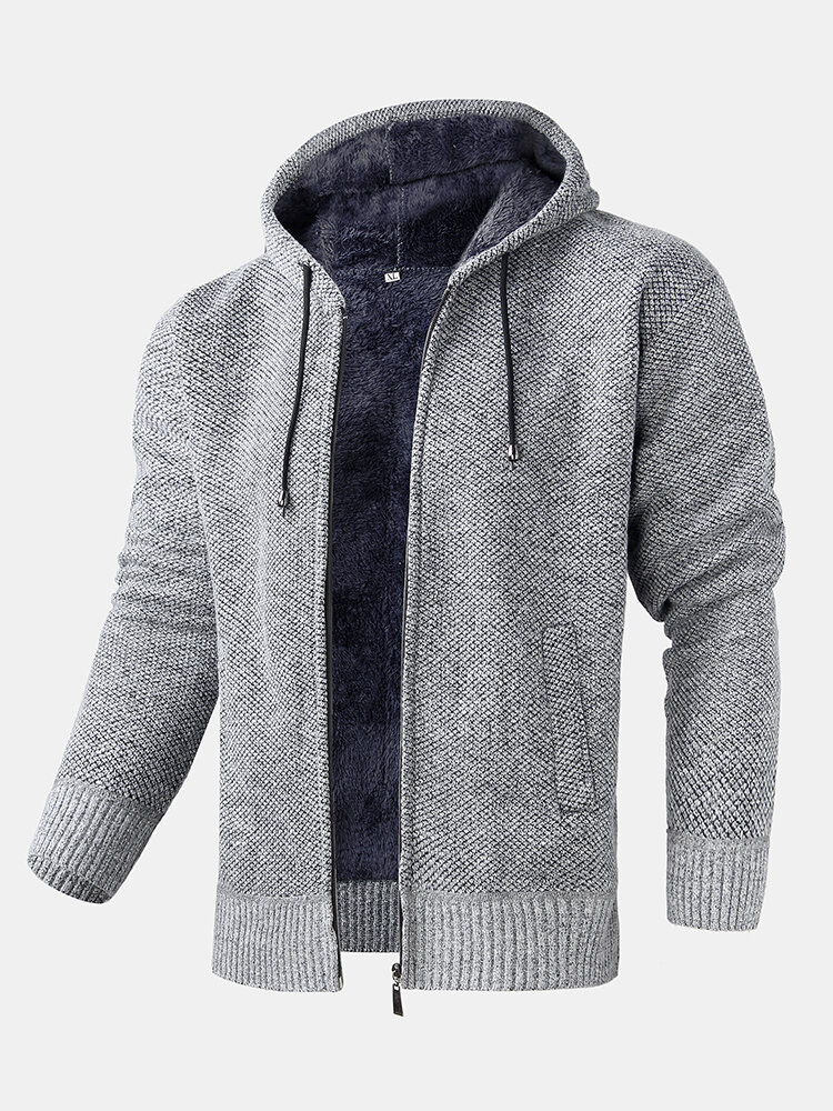 Mens Zip Front Knitted Plush Lined Warm Drawstring Hooded Cardigans
