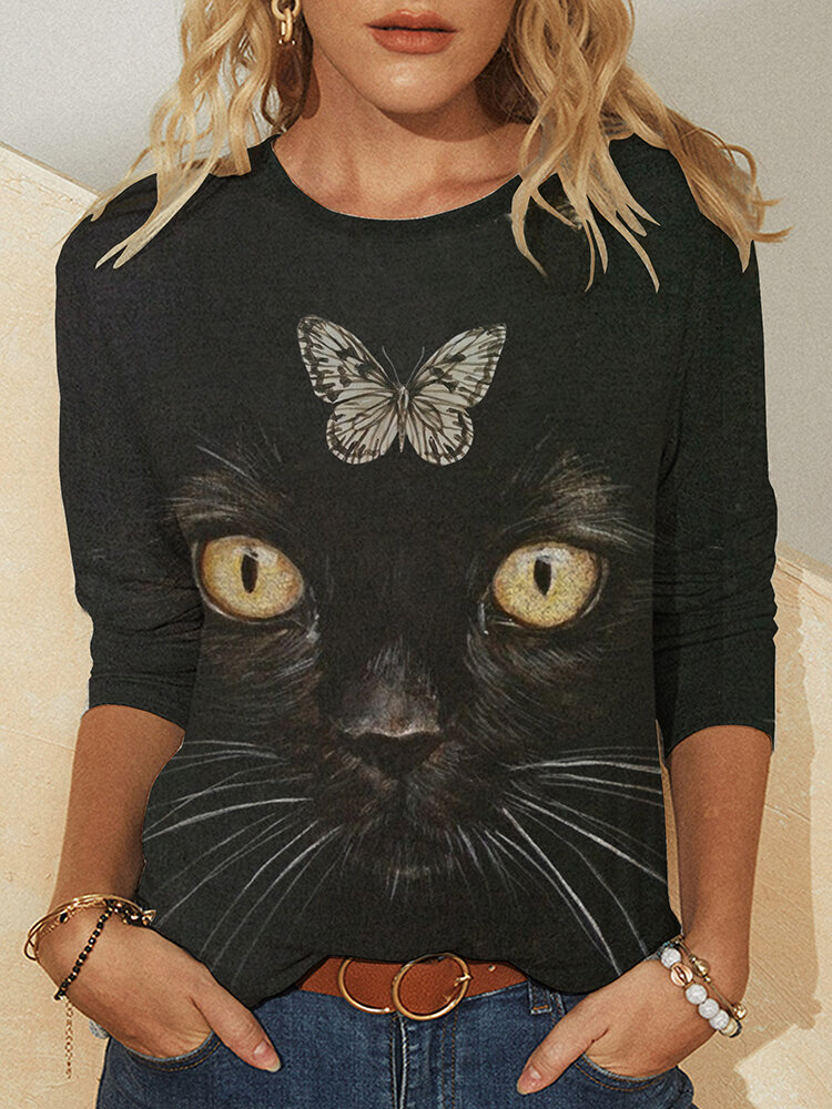 Cat Butterfly Print O-neck Long Sleeve T-shirt For Women