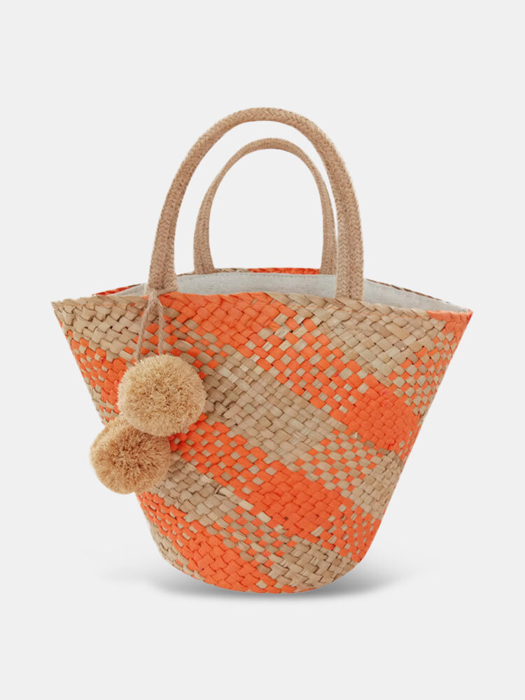 Straw Craft Comfy Handle Large-Capacity Pom-pom Decor Beach Handbag Cute Woven Bucket Bag