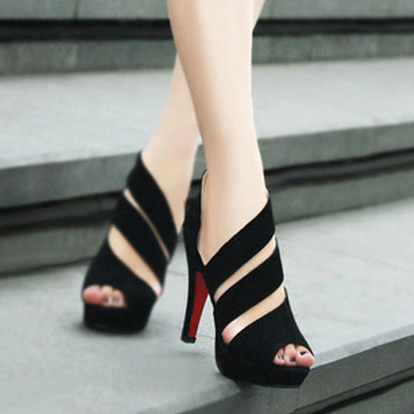 Black Strappy Bandage Hollow Out Zipper Peep Toe High Heel Sandals