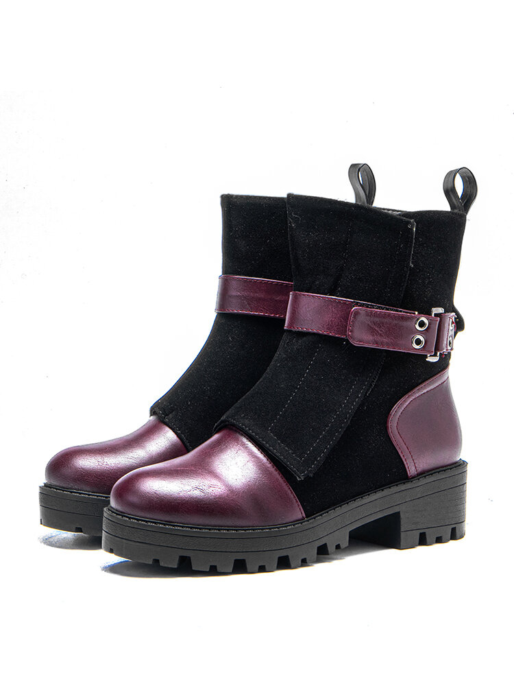 Women Patchwork Buckle Casual Comfortable Chunky Heel Short Boots