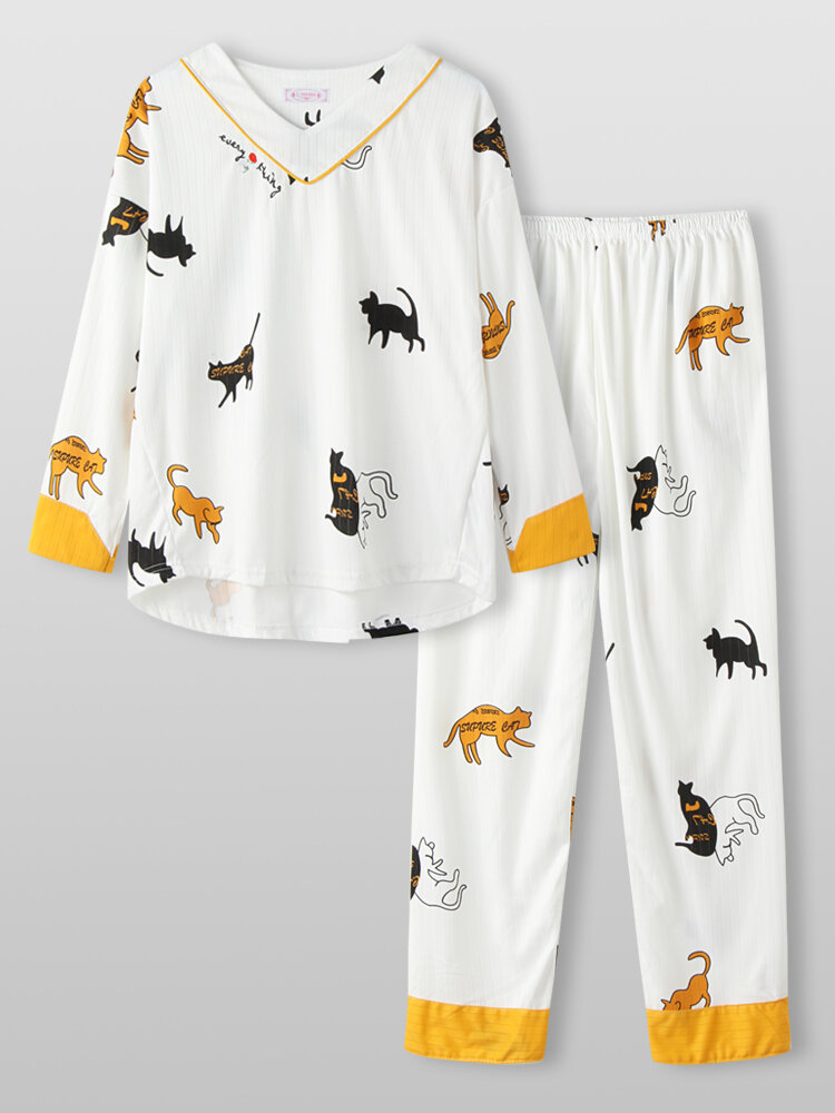 Women Cartoon Cat Print V-Neck Long Sleeve Loose Lounge Home Two-Piece Pajamas Sets