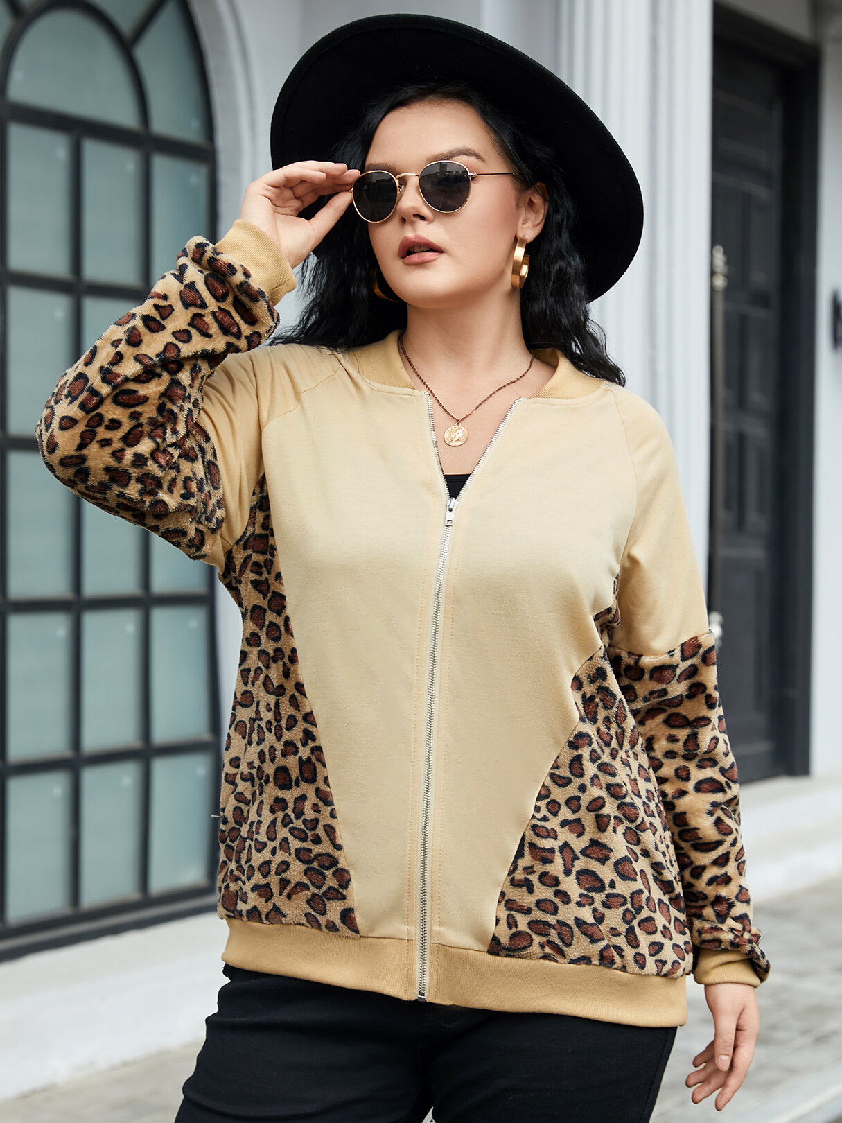 

Plus Size Leopard Zip Front Patchwork Design Long Sleeves Jacket, Khaki
