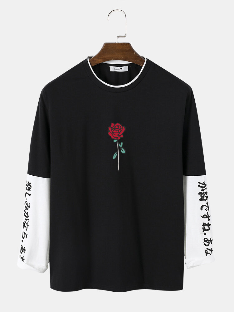 Mens Rose Japanese Print Contrast Stitching Casual Long Sleeve T-Shirts