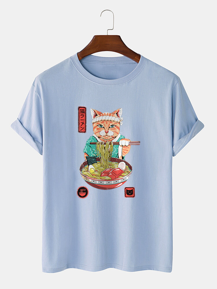 Mens Japanese Noodle Cat Print 100% Cotton Casual Short Sleeve T-Shirts