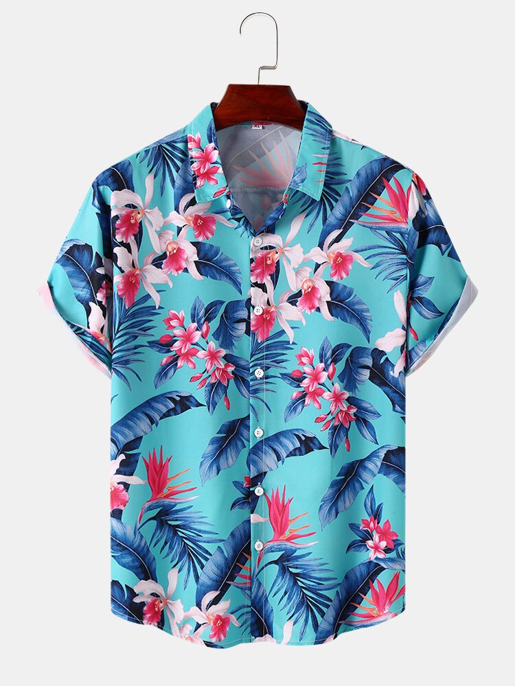 Mens Tropical Plants Matching Print Hem Cuff Short Sleeve Shirts
