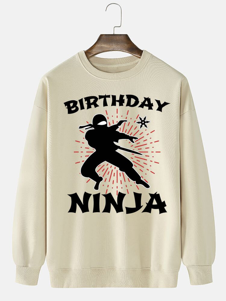 Mens Japanese Ninja Letter Print Crew Neck Pullover Sweatshirts Winter