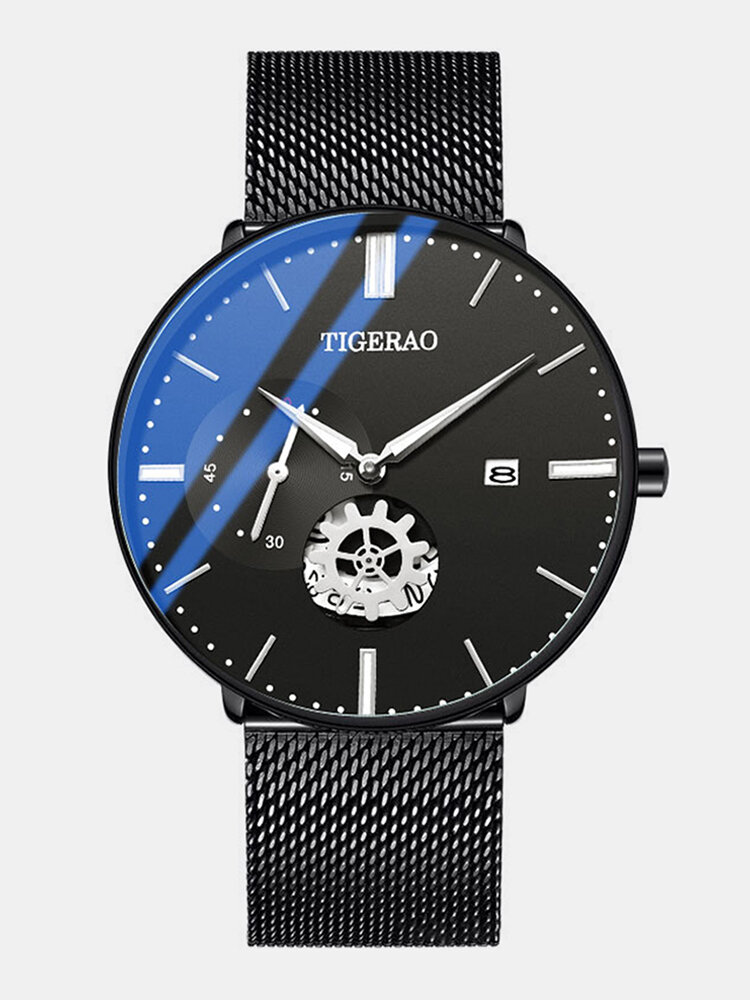 

4 Colors Men's Stainless Steel Fashion Business Calendar Waterproof Ultra-thin Quartz Watch, Blue;black;blue1;black1