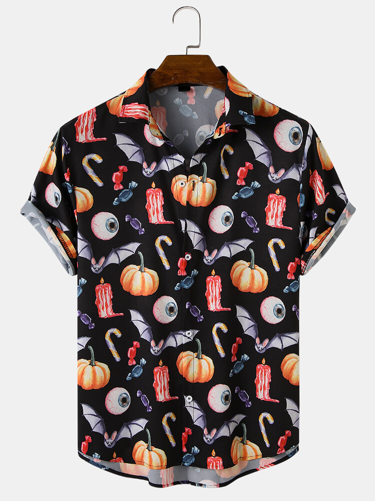 Mens Funny All Over Pumpkin Print Halloween Loose Fit Short Sleeve Shirts