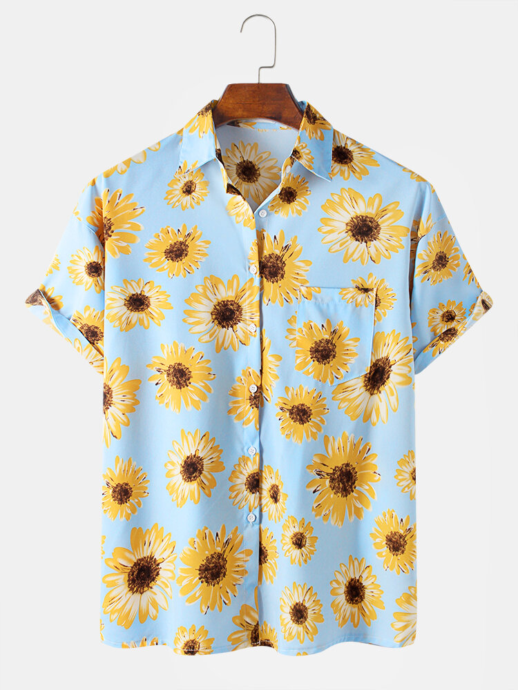 Sunflower Print Casual Holiday Lapel Short Sleeve Shirt For Men Women