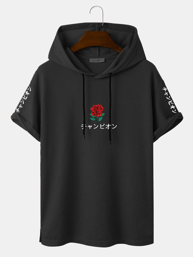 Mens Rose Japanese Printed Short Sleeve Drawstring Hooded T-Shirts
