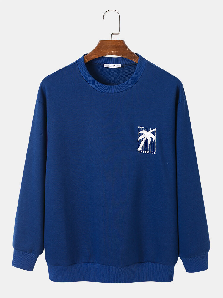 Mens Coconut Tree Letter Embroidery Crew Neck Holiday Pullover Sweatshirts