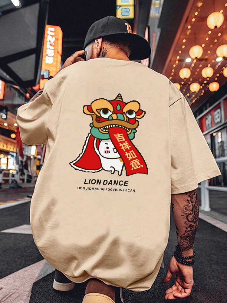 メンズ中国獅子舞バックプリントクルーネック半袖Tシャツ冬