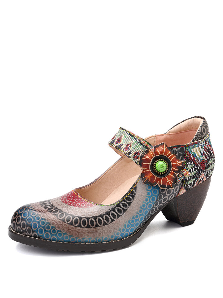 SOCOFY Floral Genuine Leather Splicing Circle Pattern Colorful Stripes Stitching Hook Loop Pumps