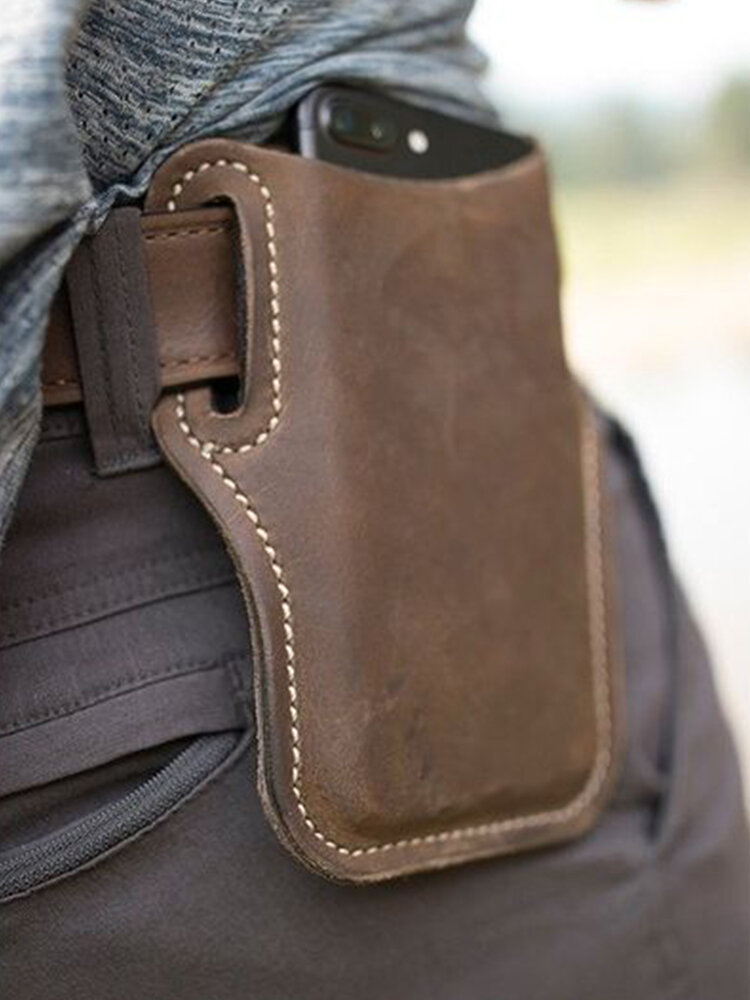 Men Genuine Leather 7.2 Inch EDC Retro Short Cell Phone Case Belt Bag