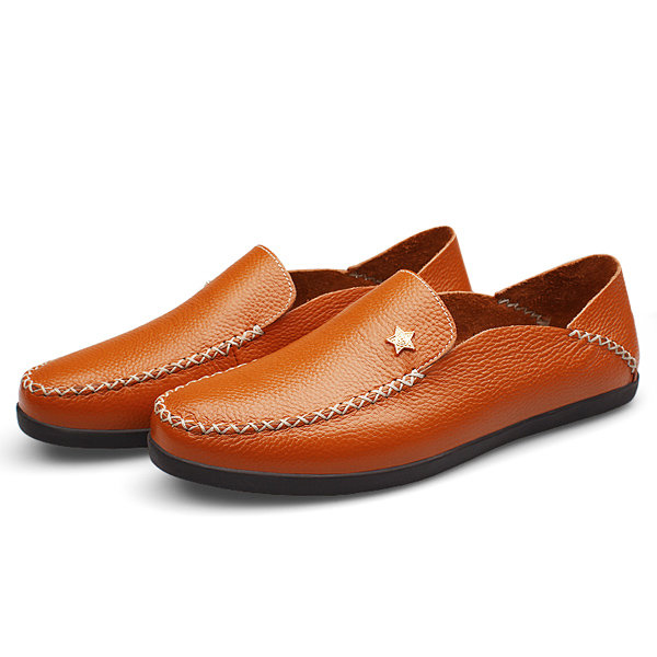 Men Leather Star Pure Color Brtish Style Slip On Casual Lazy Shoes