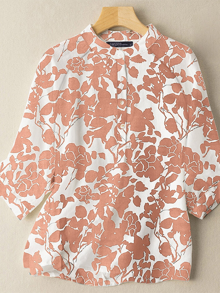 Повседневная блузка с воротником-стойкой и пуговицами с растительным принтом