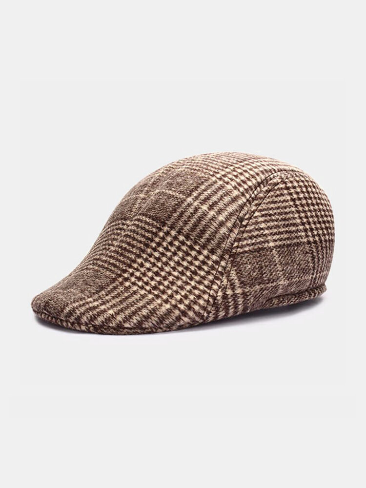 

Men Women Woolen Thick Plaid Stripe Newsboy Beret Hat Duckbill Cowboy Golf Flat Cabbie Cap, Coffee;light gray;dark gray