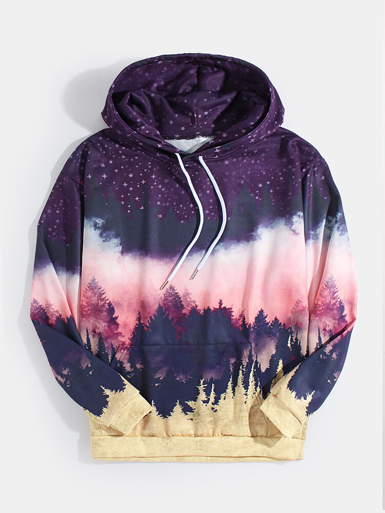 All Over Starry Sky Landscape Print Pouch Pocket Drawstring Hoodies