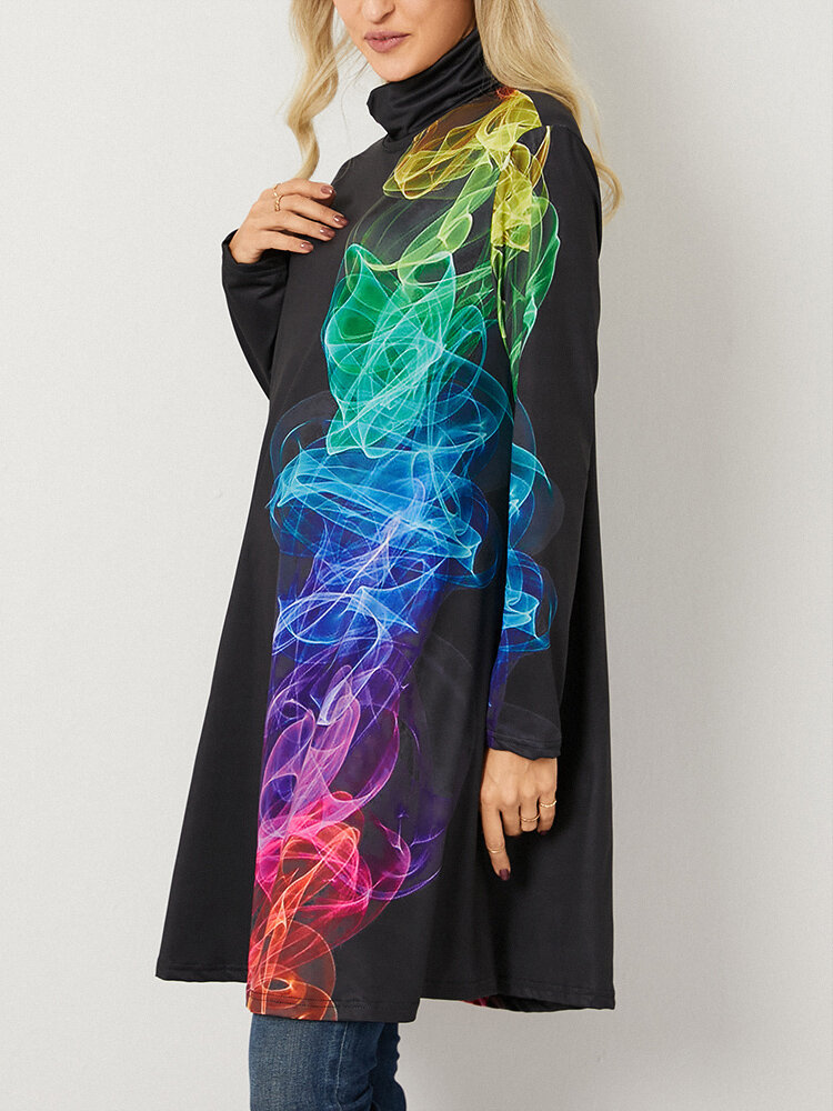 Dot Stripe Print Long Sleeve Turtleneck Dress For Women