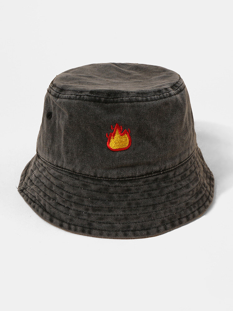 Unisex Washed Cotton Flame Pattern Embroidery Fashion Sunscreen Bucket Hat