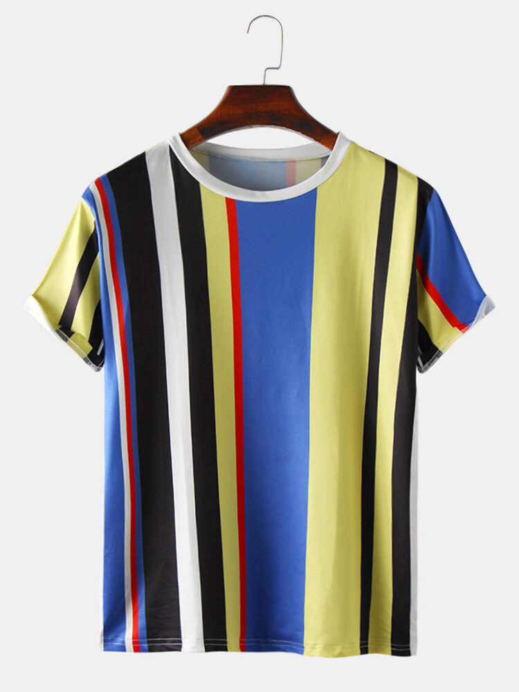 Mens Color Striped Round Neck Casual Short Sleeve T-shirts