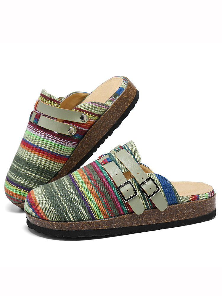 Women Casual Comfy Colorful Stripe Large Round Toe Backless Flats