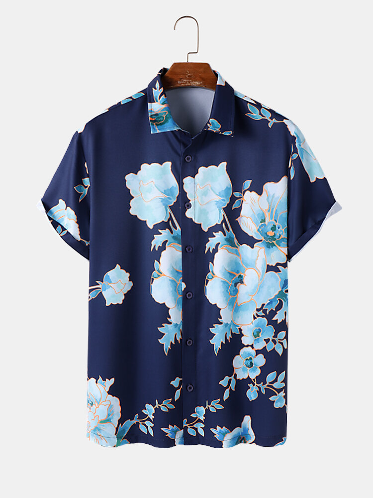 Mens Floral Plant Print Lapel Button Up Short Sleeve Shirts