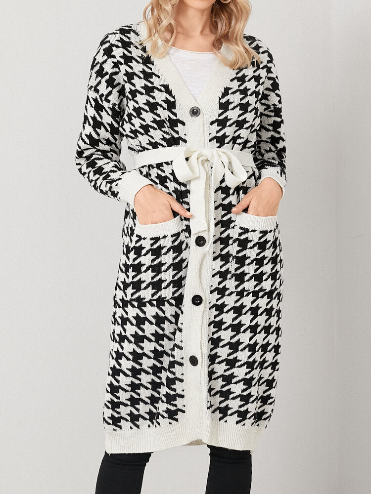 Houndstooth Print Knotted Casual Homewear Loose Cardigan